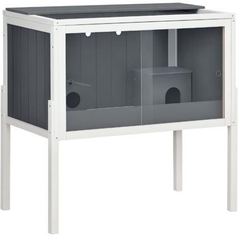 PawHut Hamsterkäfig aus Holz für Zwerghamster Nagerkäfig Kleintierkäfig mit 2 Hütten und Zubehör, groß Mäusekäfig Käfig 82 x 45 x 81 cm Grau