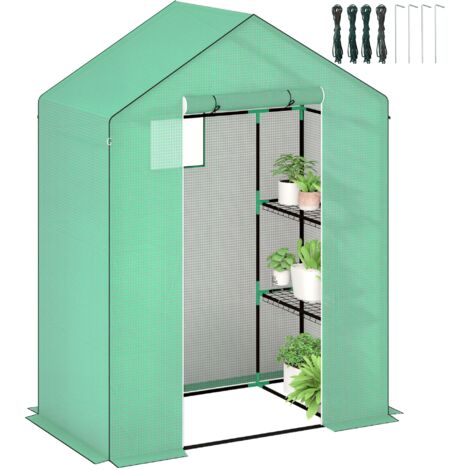 Outsunny Gewächshaus mit Rolltür, Fenster, Regale, winterfest Foliengewächshaus aus Stahl, Treibhaus für Balkon, Garten, Tomatenhaus 143 x 74 x 190 cm, Tomatengewächshaus für Tomaten, Gemüse, Grün