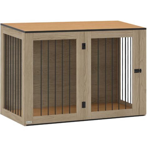PawHut Hundekäfig Möbel mit Türen Fenster moderne Stahl Hundebox für Zuhause Indoor Hundehütte für große Hunde bis zu 30 kg Hundehaus 106 x 60 x 76 cm, Eiche