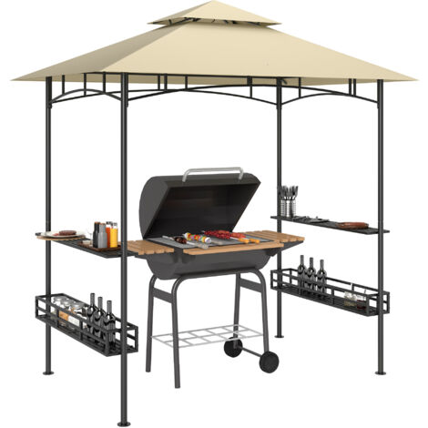 Outsunny Grillpavillon 240 x 150 x 257 cm wasserdicht flammhemmend Gartenpavillon mit Doppeldach, Seitenregalen, Gartenlauben mit UV-Schutz, BBQ Pavillon aus Stahl, Grillzelt für Party BBQ, Beige