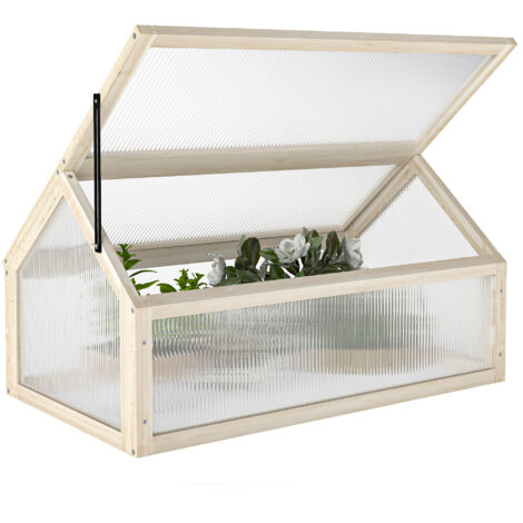Outsunny Frühbeet aus Holz, Mini Gewächshaus 90 x 52 x 49,5 cm, Treibhaus mit Abdeckung, lichtdurchlässig Frühbeetkasten, winterfest Hochbeet für Garten, Balkon, Naturholz