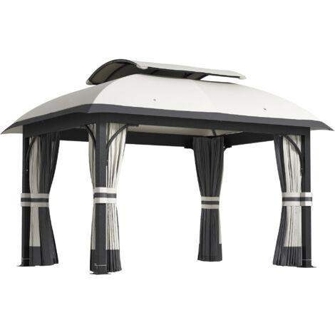 Outsunny Pavillon mit Doppeldach, 4x3,3 m Wasserabweisend Stabil Winterfest Gartenpavillon mit Moskitonetz, Seitenteile, Garten-Pavillon aus verzinktem Metall, für Garten, Terrasse, Hellgrau