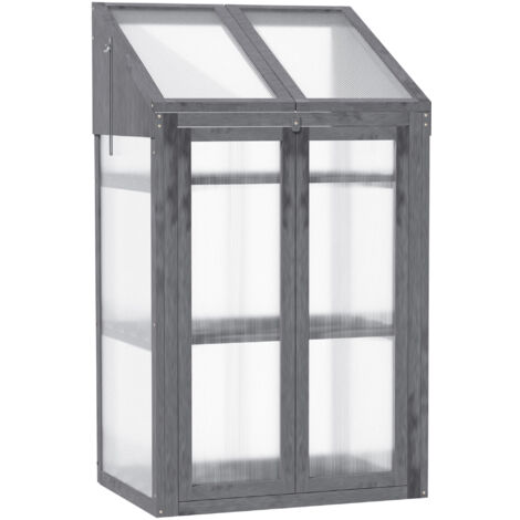 Outsunny Frühbeet aus Holz, Mini Gewächshaus 70 x 50 x 120 cm, Treibhaus mit Abdeckung, Fenster, Doppeltür, lichtdurchlässig Frühbeetkasten mit 3 Regale, winterfest Hochbeet für Garten, Balkon, Grau