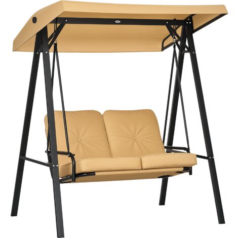 Outsunny Hollywoodschaukel 3-Sitzer Gartenschaukel mit verstellbarem Sonnendach, Schaukelbank belast bis 220kg, Gartenliege für Garten, Terrasse, 138 x 106 x 174 cm, Beige