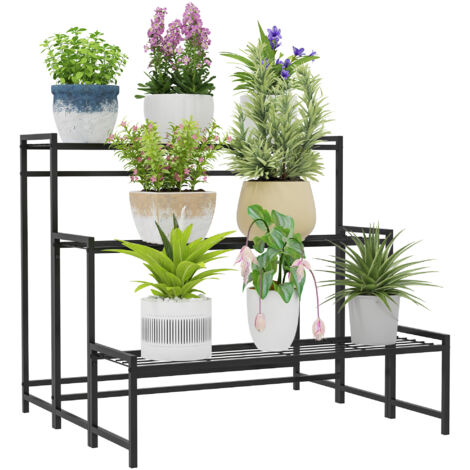 Outsunny 3-Etagen Pflanzenständer, Blumenständer für Innen Außen, Pflanzenregal aus Metall, mehrstöckig Blumenregal, 66 cm hoch Blumentreppe für Wohnzimmer, Garten Balkon Deko, Schwarz (1/3)