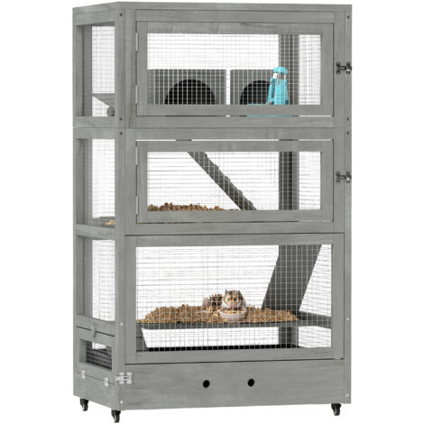 PawHut Hamsterkäfig aus Holz, 65 x 45 x 109 cm Mäusekäfig Nagerkäfig mit Hütten, Wippe, Palette, Futterschalen, 4-Stufig Kleintierkäfig mit Schloss, Rampen, Rollen, für Zwerghamster Grau