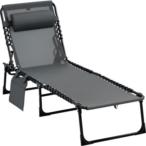 Outsunny Sonnenliege klappbar Gartenliege mit Kopfkissen, Seitentasche, Liegestuhl mit 5-Fach verstellbare Rückenlehne, wetterfeste Campingliege bis 120 kg belastbar, für Garten Strand Pool, Grau (1/5)