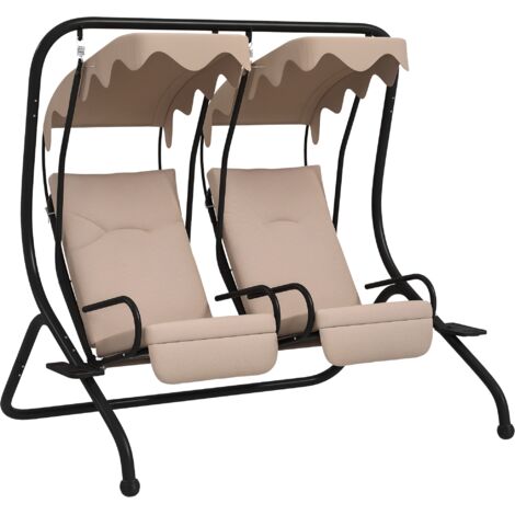 Outsunny Hollywoodschaukel mit Becherhalter und Sitzkissen, 2-Sitzer Gartenschaukel mit Sonnendach, Schaukelbank belast bis 220 kg, Gartenliege für Garten, Terrasse, 170 x 136 x 170 cm, Beige