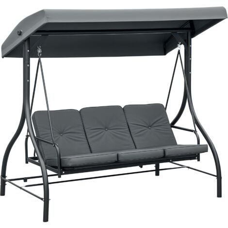 Outsunny 2 in 1 Hollywoodschaukel mit Liegefunktion 3-Sitzer Gartenschaukel mit verstellbarem Sonnendach, Schaukelbank belast bis 240kg, Gartenliege für Garten, Terrasse, 195x117x175 cm, Dunkelgrau