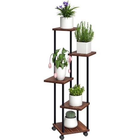 Outsunny 5-Etagen Pflanzenständer mit Räder, Blumenständer für Innen Außen, Pflanzenregal aus Stahl, Holz, mehrstöckig Blumenregal, 110cm hoch Blumentreppe für Wohnzimmer, Garten Balkon Deko, Verkohlt