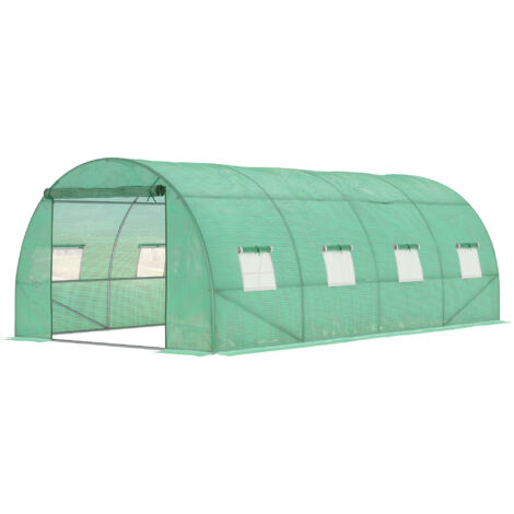 Outsunny Gewächshaus ca. 6 x 3 x 2 m Foliengewächshaus mit 8 Fenster, Rolltür, Aufrollbar Seitenwänden, UV-beständiger Folientunnel, Winterfest Tomatenhaus mit Erdanker, Grün (1/5)
