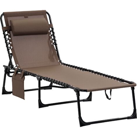Outsunny Sonnenliege klappbar Gartenliege mit Kopfkissen, Seitentasche, Liegestuhl mit 5-Fach verstellbare Rückenlehne, wetterfeste Campingliege bis 120 kg belastbar, für Garten Strand Pool, Braun (1/5)