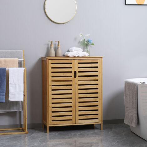 kleankin Badezimmerschrank Badschrank Beistellschrank mit 2 Lamellentren,  2 Innenregalen, Bambus Aufbewahrungsschrank fr Badezimmer, Wohnzimmer 68 x  32 x 86 cm Natur