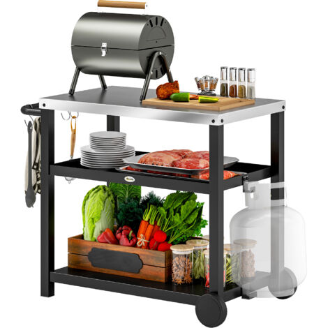 Outsunny Grillwagen 3-Etagen Servierwagen mit Arbeitsfläche Ablagen Haken Räder, Edelstahl BBQ Grilltisch, Grill Beistelltisch, Outdoor Rollwagen, Holzkohlegrill für Garten Grill 102x50x81cm Kohlegrau