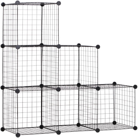 HOMCOM Steckregal, Regalsystem mit 6 Fächern, DIY Würfelregal aus Drahtgitter, Stufenregal für Wohnzimmer, Schlafzimmer, Schwarz, 109 x 37 x 109 cm (1/5)