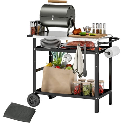 Outsunny Grillwagen 3-Etagen Servierwagen mit Arbeitsfläche Griffe Hülle Räder, höhenverstellbar BBQ Grilltisch Edelstahl, Grill Beistelltisch, Outdoor Rollwagen für Garten Grill 100x52x80cm Schwarz