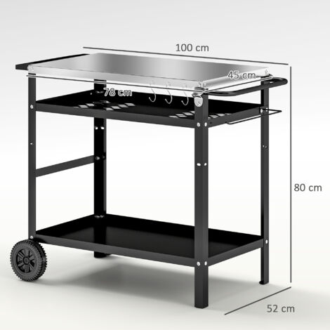 Outsunny Grillwagen 3-Etagen Servierwagen mit Arbeitsfläche Griffe Hülle Räder, höhenverstellbar BBQ Grilltisch Edelstahl, Grill Beistelltisch, Outdoor Rollwagen für Garten Grill 100x52x80cm Schwarz