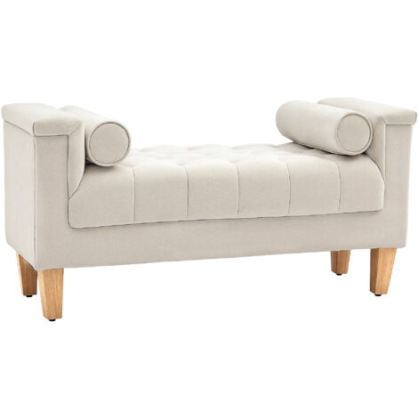 HOMCOM Sitzbank Polsterbank mit Chenille-Bezug, Armlehne Bettbank mit 2 Zylinder-Kissen, Holzrahmen, Schuhbank für Schlafzimmer, Wohnzimmer, Flur 115 x 44 x 58 cm Beige