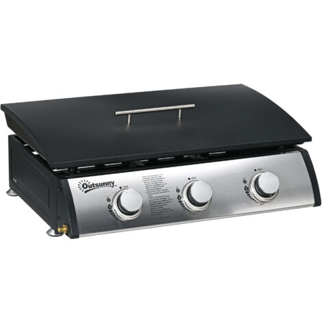 Outsunny Gasgrill mit 3 Brenner 7,5 kW Grillfläche 61 × 35,5 cm tragbarer Tischgrill mit Deckel Tischgasgrill aus Edelstahl BBQ Campinggrill für Garten Balkon Camping Schwarz