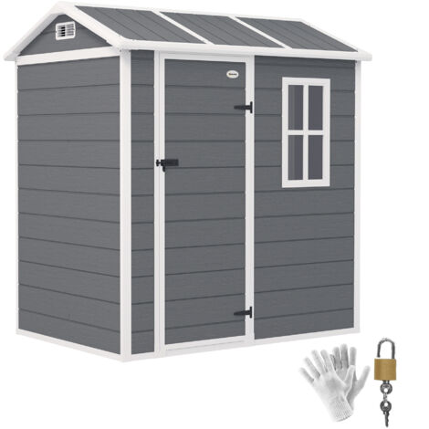 Outsunny Gerätehaus Kunststoff 2,1m² 186 x 130 x 199cm Geräteschuppen mit Satteldach Boden Fenster Abschließbarer Tür wetterfest Gartenhaus Outdoor Garten Schuppen für Hinterhof Grau