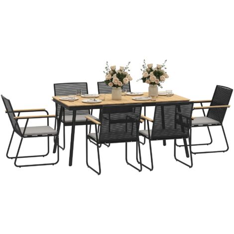 Outsunny Sitzgruppe 7-teilig Metall Essgruppe für 6 Personen Esstisch mit Tisch 6 Stühlen Esszimmergruppe Küchentisch-Set mit Metallgestell Balkonmöbel Gartenmöbel für Terrasse, Balkon Naturholz