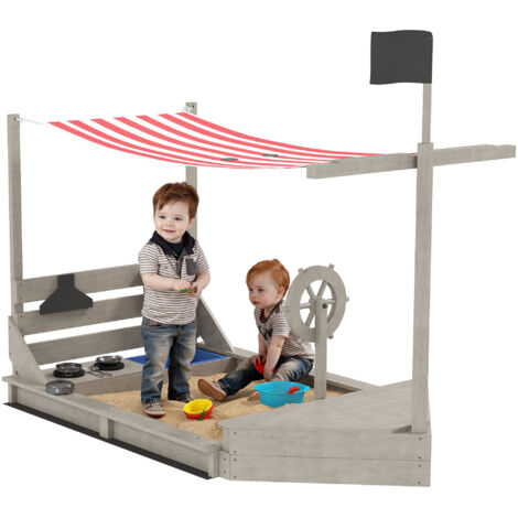 Outsunny Sandkasten Sandkiste groß mit Abdeckung im Schiff Design Matschekiste aus Holz Segelschiff Spielhaus mit Küchenspielset Aufbewahrung für Kinder 3-7 Jahre Grau 180 x 103 x 144,5 cm