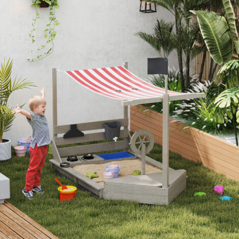 Outsunny Sandkasten Sandkiste gro mit Abdeckung im Schiff Design  Matschekiste aus Holz Segelschiff Spielhaus mit Kchenspielset Aufbewahrung  fr Kinder 3-7 Jahre Grau 180 x 103 x 144,5 cm