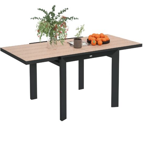 Outsunny Gartentisch Ausziehbarer Aluminium 80/160x80 cm Wetterfest Balkontisch rutschfest Buffettisch Campingtisch für 6 Personen Terrassentisch Outdoor Esstisch für Garten, Terrasse Balkon Naturholz