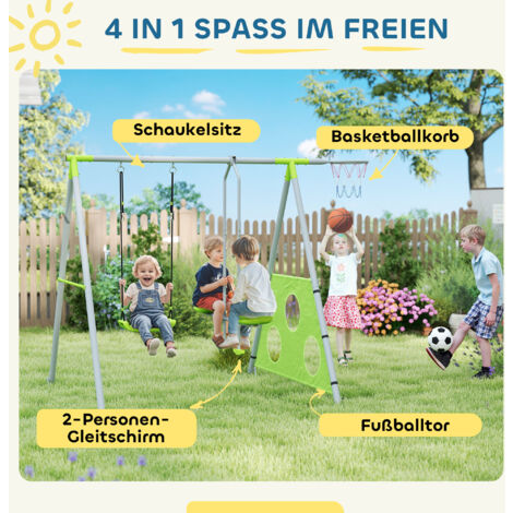 AIYAPLAY 4-in-1 Schaukelgestell – Mit Schaukel, 2er-Gleitbahn, Fußballtor & Basketballkorb – Stabiles Metallgestell Mit Bodennägeln – Für 3-4 Kinder