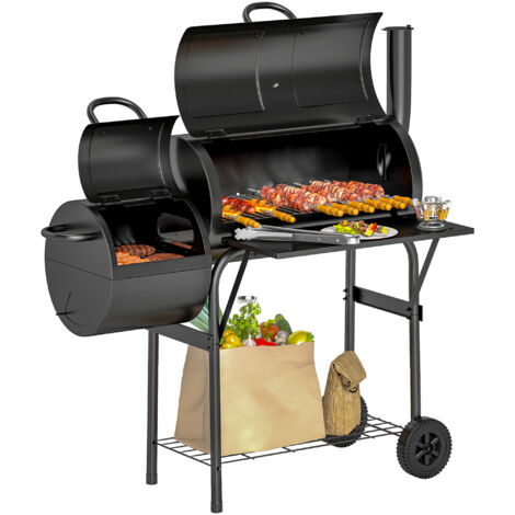 Outsunny Holzkohlegrill aus Stahl BBQ Smoker mit Deckel Thermometer Räder Ablage fahrbar Grillwagen mit Luftzufuhr Kohlewanne, Kohlegrill Kohlegrillwagen für Barbeque Camping, Garten 109x60x120 cm