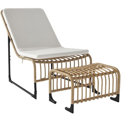 Outsunny Rattan Relaxsessel mit Fußhocker UV-beständig Gartensessel mit Kissen Bänder Outdoor Rattanstuhl Gartenstuhl für Garten, Balkon, Terrasse Naturholz