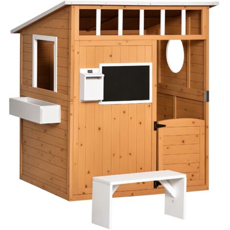 Outsunny Spielhaus für Kinder Holz Kinderspielhaus mit Fenster Briefkasten Outdoor Gartenspielhaus mit Blumentopfrack Holzspielhaus für 3-8 Jahre Tannenholz Natur 122 x 108 x 135,5 cm