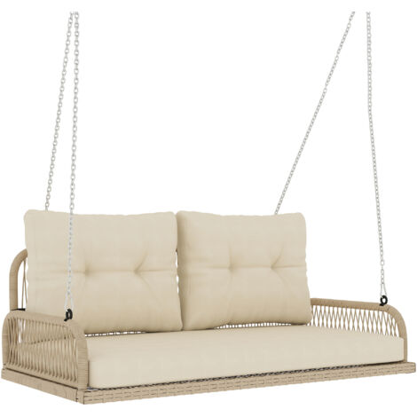 Outsunny Hollywoodschaukel 2-Sitzer Rattan Gartenschaukel mit Kissen Ketten Hängebank bis 240 kg belastbar Hängeschaukel Schaukelbank Gartenbank für Garten Balkon 115 x 66 x 44 cm Beige