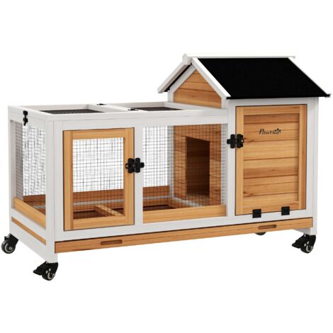 PawHut Zwergkaninchenstall aus Holz, 108 x 58 x 73,5 cm Kleintierstall mit Freilaufgehege, Rädern, Klappdach, Zwergkaninchenkäfig mit Ausziehbarem Tablett für Indoor, Outdoor, Gelb (1/5)