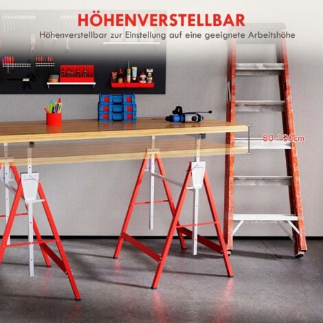 HOMCOM 2 x Gerüstbock Unterstellbock Klappbock höhenverstellbar bis 200kg Stahl Rot 68 x 58 x 80-130 cm