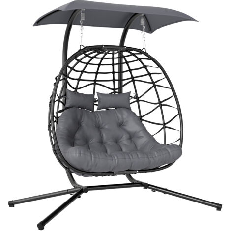 Outsunny Hängesessel mit Gestell faltbar Hängekorb mit Kissen Sonnenschutzdach Polyrattan Hängestuhl für 2 Personen Outdoor Hängeschaukel belastbar bis 260kg Sessel für Balkon Terrasse Dunkelgrau