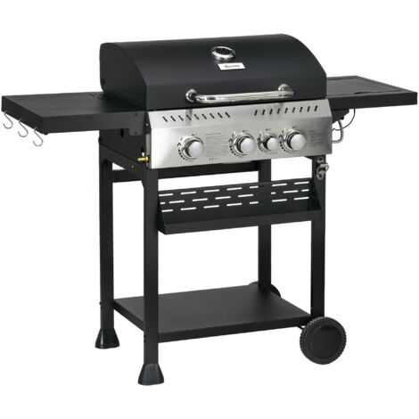 Outsunny Gasgrill 3 KW 3+1 Brenner BBQ Grillwagen aus Edelstahl inkl Seitenbrenner Thermometer Grillrost Kochfeld Flaschenöffner Seitenablagen Gas-Grill für Balkon Camping 123 x 52 x 101cm (1/5)
