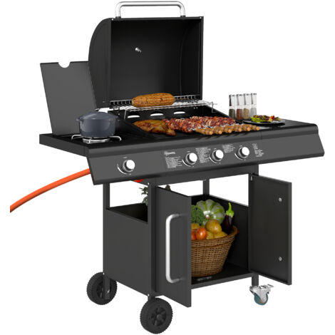 Outsunny Gasgrill 12,2 KW 3+1 Brenner BBQ Grillwagen aus Edelstahl inkl Rolle Seitenbrenner Thermometer Grillrost Kochfeld Seitentisch Gas-Grill für Balkon Camping 118,5 x 56 x 110 cm