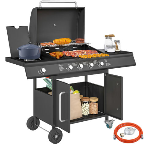 Outsunny Gasgrill 15,2 KW Grillwagen inkl 5 Edelstahl-Brenner Rolle Seitenkocher Druckminderer Gasschlauch Deckel Thermometer Seitenablagen, BBQ Gartengrill für Balkon, Grill 129,5 x 56 x 110 cm