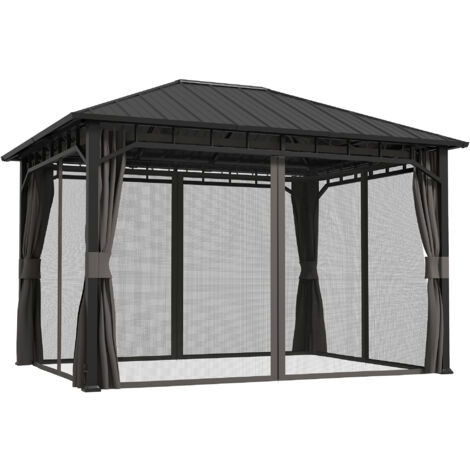 Outsunny Pavillon 4x3 m Wasserdicht Stabil Winterfest Gartenpavillon mit Seitenteile, Wasserrinnen, Moskitonetz, Haken Garten-Pavillon aus verzinktem Metall, Partyzelt für Garten, Terrasse, Dunkelgrau