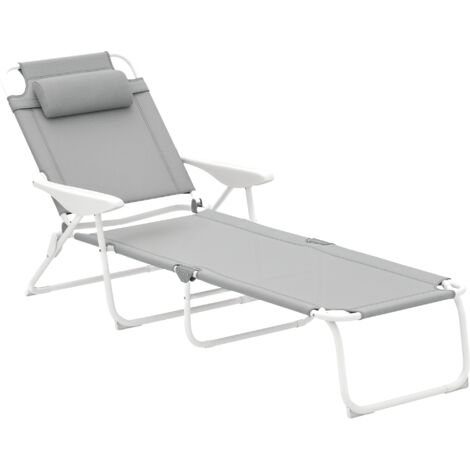 Outsunny Sonnenliege klappbar Gartenliege mit Kopfkissen, Liegestuhl mit 4-Fach verstellbare Rückenlehne, wetterfeste Campingliege, Gartenstuhl bis 120 kg belastbar, für Garten Outdoor Strand Hellgrau (1/5)