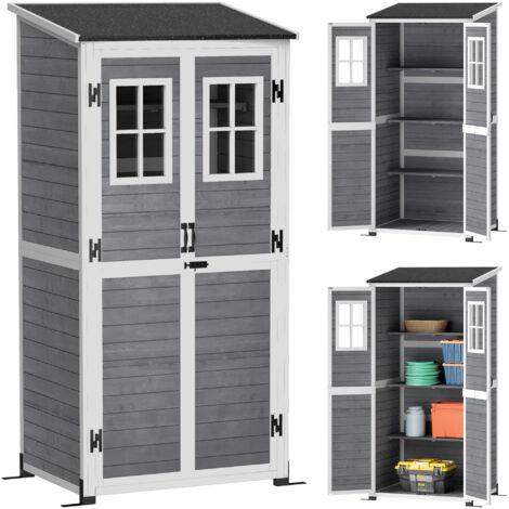 Outsunny Gartenschrank Holz, Geräteschuppen mit Abschließbar Tür 2 Fenstern Bodenplatte Asphalt-Pultdach Ablage 91x69x192cm, wetterfest Geräteschrank, Gerätehaus für Garten, Terrasse, Hellgrau