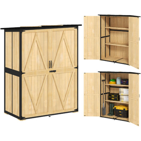 Outsunny Gartenschrank, Geräteschuppen aus Holz, Wetterfest Geräteschrank mit 2 Türen, Regale, Werkzeughaus mit Asphaltdach, Werkzeugschrank für Garten, Terrasse, 140 x 74 x 173 cm, Naturholz