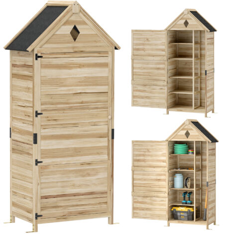 Outsunny Gartenschrank Holz, wasserdicht Geräteschuppen 80 x 49 x 170 cm, wetterfest Gerätehaus mit Tür, Satteldach, Ablagen, Geräteschrank, Werkzeugschrank Gartenschuppen für Garten, Rasen, Naturholz