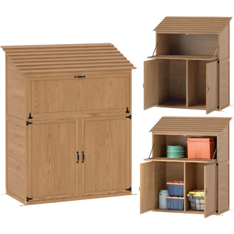 Outsunny Gartenschrank Holz, Geräteschuppen mit Stufen-Pultdach Ablage klappbar Tisch Doppeltüren 110 x 54 x 136 cm, wetterfest Geräteschrank, Gerätehaus Gartenschuppen für Garten, Terrasse, Naturholz