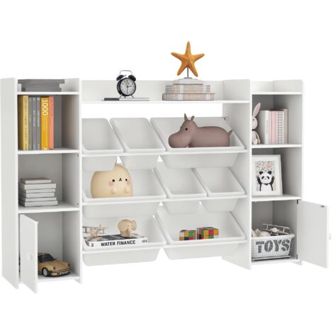 AIYAPLAY Kinderregal Spielzeugregal mit 8 herausnehmbaren Boxen, 4 offenen Fächern, 2 Schränkfach, Kinder Bücherregal für Kinderzimmer, Kindergarten, 140 x 30 x 90 cm, Weiß