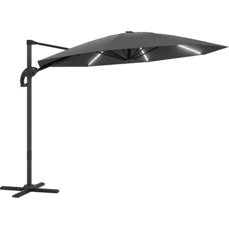 Outsunny Alu Ampelschirm LED Solar Ø300cm höhenverstellbar Sonnenschirm mit Kurbel Ständer UV50+ Wasserabweisend 360° drehbar Marktschirm neigbar Gartenschirm Sonnenschutz für Garten Balkon Dunkelgrau (1/5)