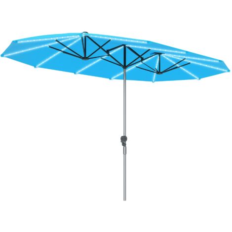 Outsunny Doppelsonnenschirm mit Solar LED Lichtern 451x267 cm Aluminium UV 50+ Sonnenschirm mit Handkurbel Fiberglasstreben, Balkonschirm windfest Marktschirm Sonnenschutz für Balkon Garten Blau (1/5)