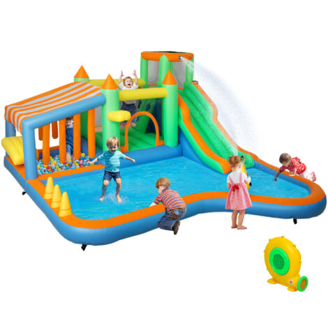 AIYAPLAY Hüpfburg mit Gebläse, Wasserrutsche, Planschbecken, Ballgrube, Kletterwand, Wurfring, Sprung, Basketballkorb, Wasserkanone, Aufblasbare Springburg für 3-8 Jahre, 416 x 370 x 195 cm