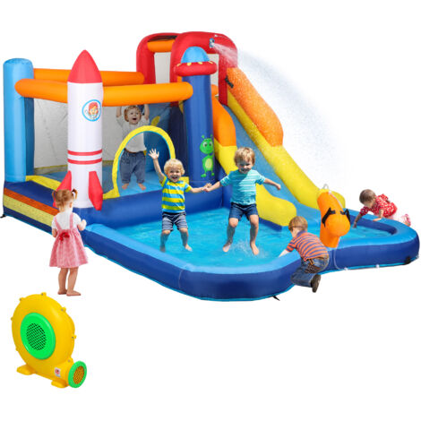 AIYAPLAY Hüpfburg mit Gebläse, Rutsche, Planschbecken, Kletterwand, Sprung, Wasserkanone, Aufblasbare Springburg mit Tragetasche für Indoor Outdoor für Kinder von 3-8 Jahren, 360 x 250 x 195 cm